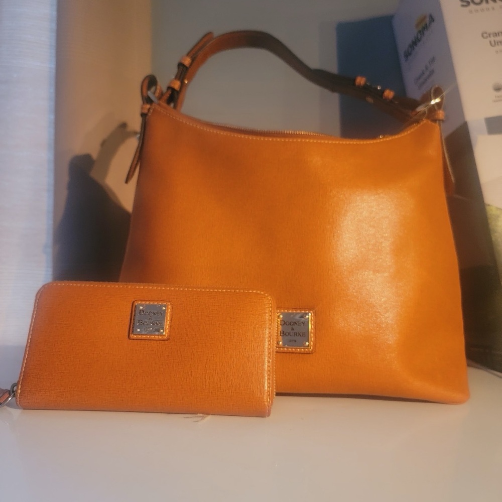 Dooney & Bourke Orange Leather Shoulder Bag and Wallet Set